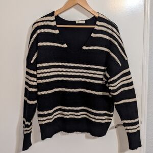 Striped V-Neck Sweater - Black and Cream